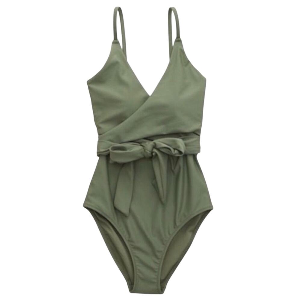 Aerie Full Coverage Wrap Tie Front One Piece Swimsuit Olive Fun Size Medium - Picture 3 of 13